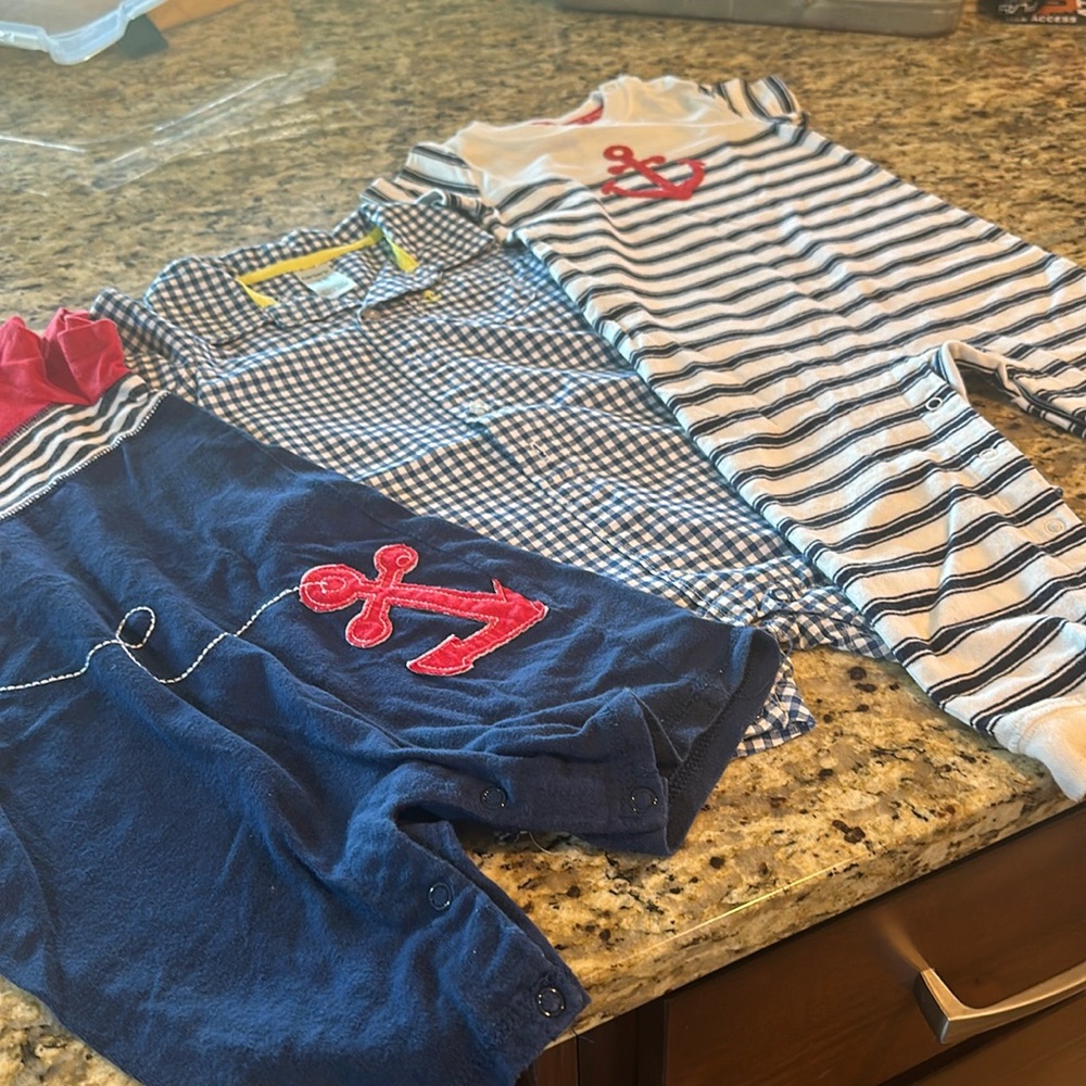 Boys nautical bundle size 18 months. 2 short one pieces and one pants one piece.